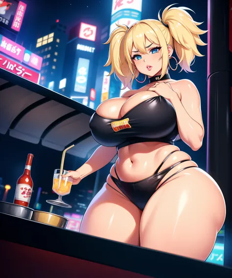 1girl,  (((bimbo))),hoop earrings, puffy lips, painted lips, thick lips. 
blonde hair, short twintails, wide hips, thick thighs, bursting breasts Nightlife, Night city, Cyberpunk city, futuristic cityscape. Neon lights, (skyscraper:1.1), Tokyo tower, palm ...