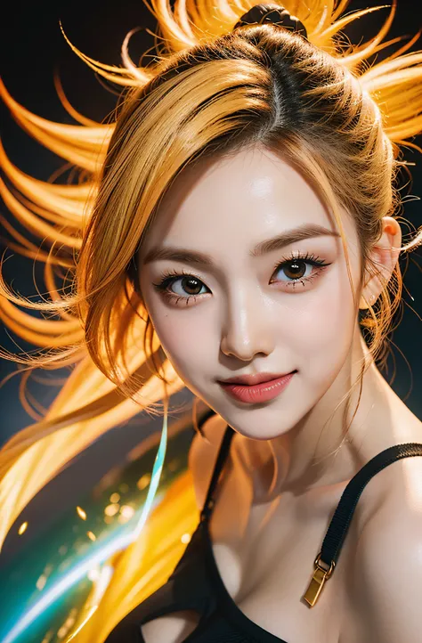 Golden hair、Yellow aura glowing around the body、Capture amazing images of idol Eri Kamei cosplaying as Son Goku from Dragon Ball. She must be in Super Saiyan form, With striking golden hair that seems to defy gravity. Her expression should be fierce but ad...