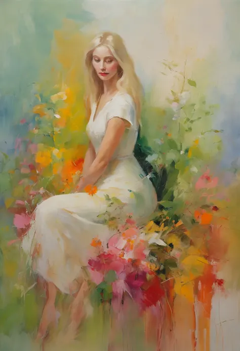 (masterpiece, best quality),1girl with long white hair sitting in a field of green plants and flowers, her hand under her chin, warm lighting, white dress, blurry foreground