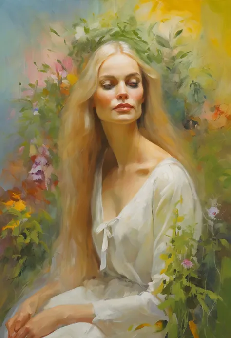 (masterpiece, best quality),1girl with long white hair sitting in a field of green plants and flowers, her hand under her chin, warm lighting, white dress, blurry foreground