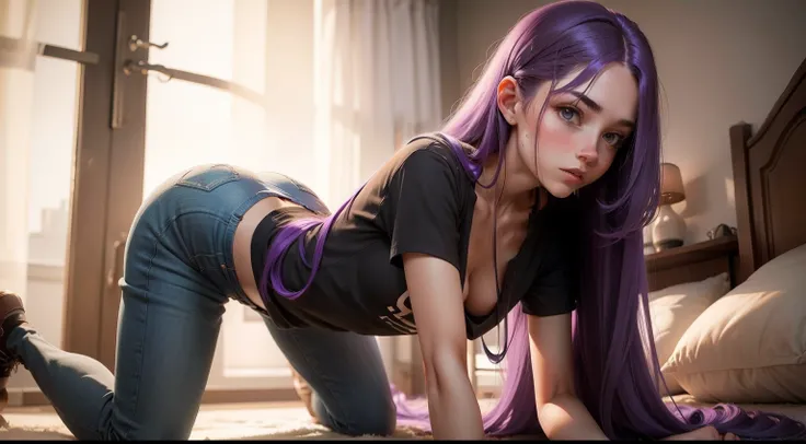 Girl with long purple hair, Slim, pretty, little chest, in one shirt, on all fours