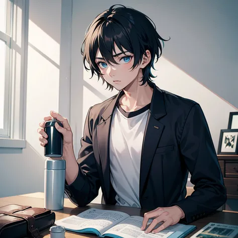 A boy，Black color hair，blue color eyes，in a  bedroom，Hold the thermos cup ,Illustration anime style，Dark 4K, hyper HD, Masterpiece