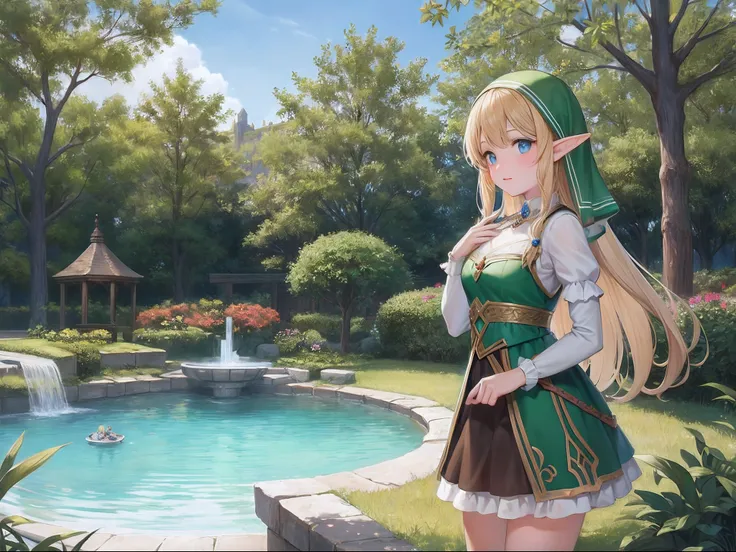 Anime girl standing in front of pond in green dress, alluring elf princess knight, Elf Girl, the emerald herald in the garden, Elf Princess, portrait of zelda, high detailed official artwork, Genshin, Kushatt Krenz Key Art Women, 2. 5 D CGI anime fantasy a...