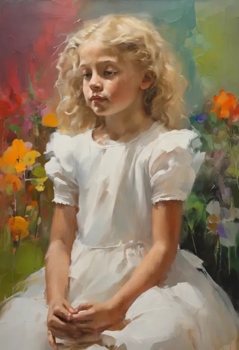 (masterpiece, best quality),1 little girl, 7 years old, curly white hair sitting in a field of green plants and flowers, her hand under her chin, warm lighting, white dress, blurry foreground