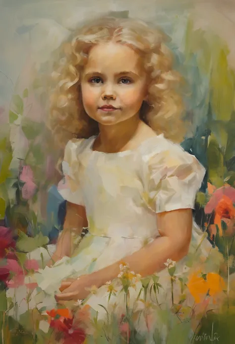 (masterpiece, best quality),1 little girl, 7 years old, curly white hair sitting in a field of green plants and flowers, her hand under her chin, warm lighting, white dress, blurry foreground