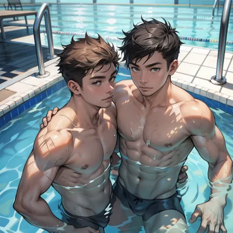 Two boys swimming together，swimmingpool，Raised sexy