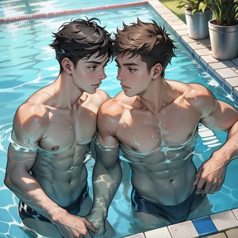 Two boys swimming together，swimmingpool，Raised sexy