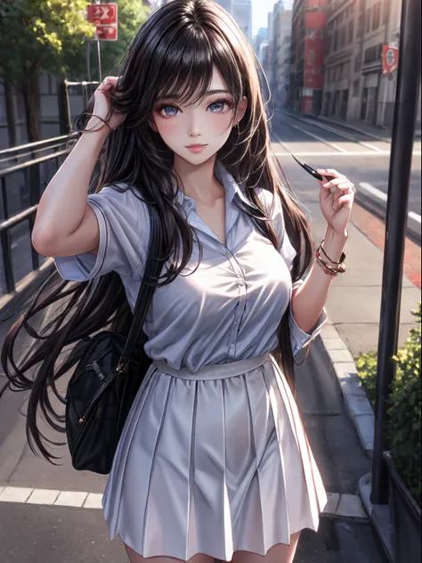 masterpiece , high resolution , 8k best quality , realistic detailed , 1woman , long black hair , silky hair , brown sharp eyes , attractive eyes , wearing a school dress , white school dress