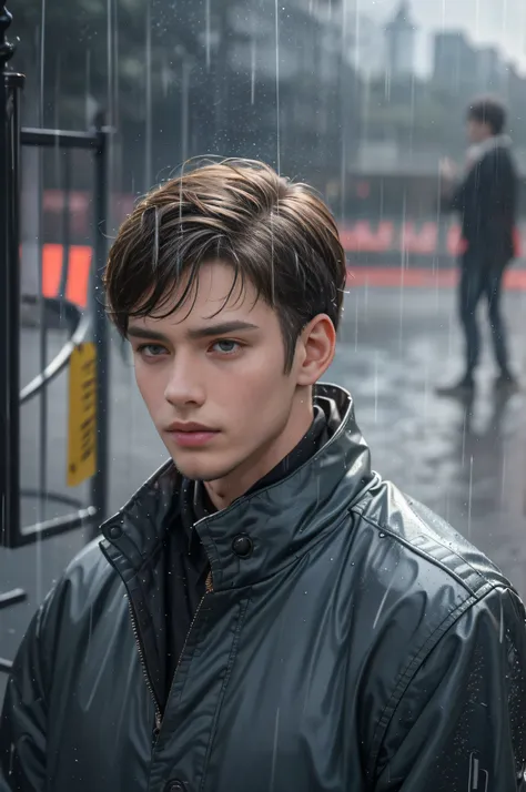 On the plastic track, on the school playground, heavy rain (high resolution, distinct_image) superb man, masterpiece, high detail, semi-realistic, brown short hair man, brown hair, short hair, medium hair, 18 years old, young, tall and strong, blackened co...