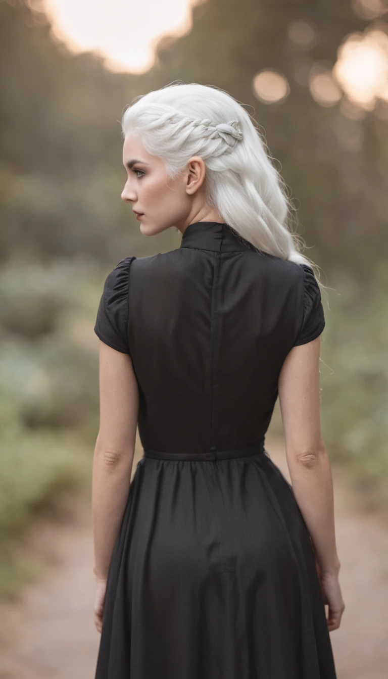 White hair wearing black dress girl back