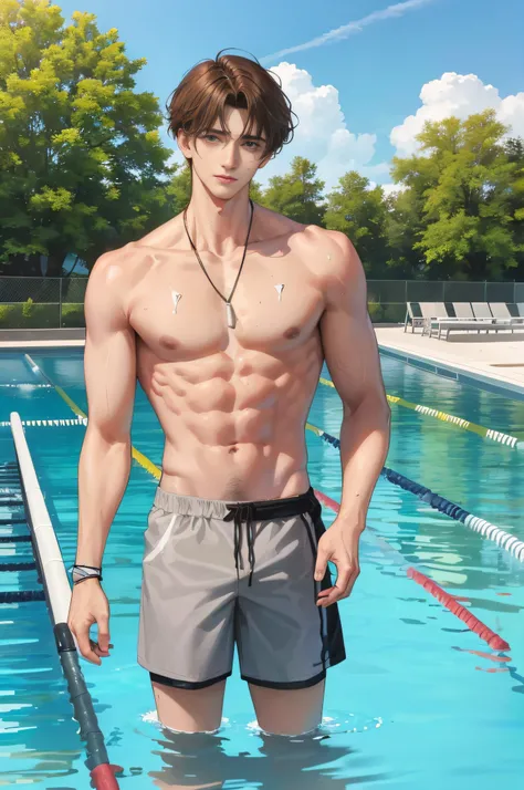 On the school outdoor swimming pool, sunny day, man one hand on waist, (high resolution, distinct_image) superb man, masterpiece, high detail, semi-realistic, brown short hair man, brown hair, short hair, medium hair, 18 years old, young, tall and strong, ...