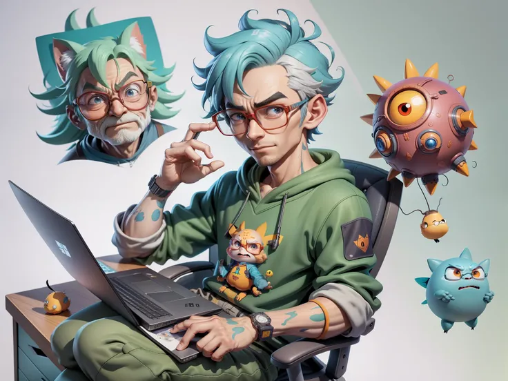 A young man with glasses sits at his desk，holding laptop，digitial painting，3D character design by Mark Clairen and Pixar and Hayao Miyazaki and Akira Toriyama，4K HD illustration，Very detailed facial features and cartoon-style visuals。