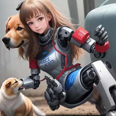 A girl with a robotic arm pets a dog