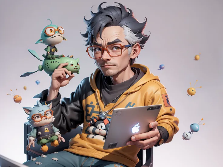 A young man with glasses sits at his desk，holding laptop，digitial painting，3D character design by Mark Clairen and Pixar and Hayao Miyazaki and Akira Toriyama，4K HD illustration，Very detailed facial features and cartoon-style visuals。