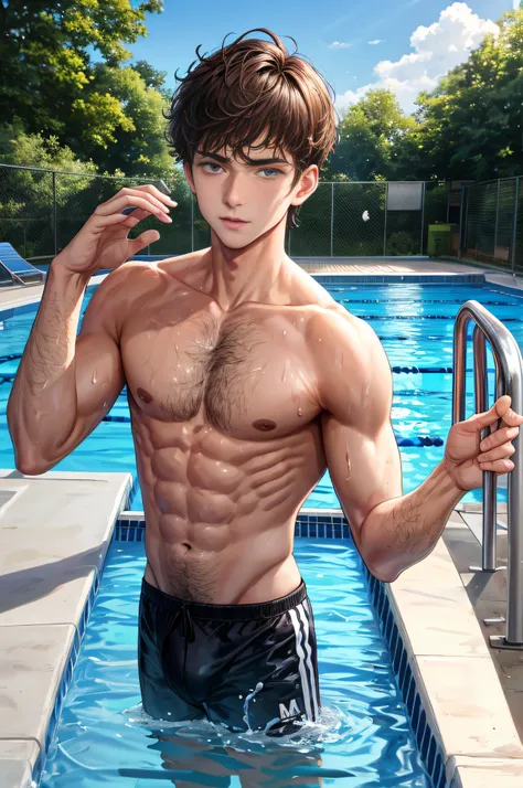 On the school outdoor swimming pool, sunny day, man one hand on waist, (high resolution, distinct_image) superb man, masterpiece, high detail, semi-realistic, brown short hair man, brown hair, short hair, medium hair, 18 years old, young, tall and strong, ...