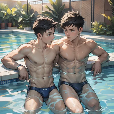 Two boys swimming together，swimmingpool，Raised sexy