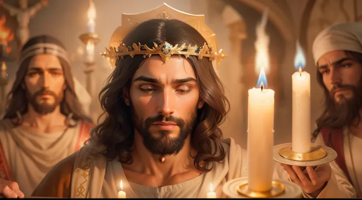 jesus cristo rezando, imagem realista com velas acesas ao redor