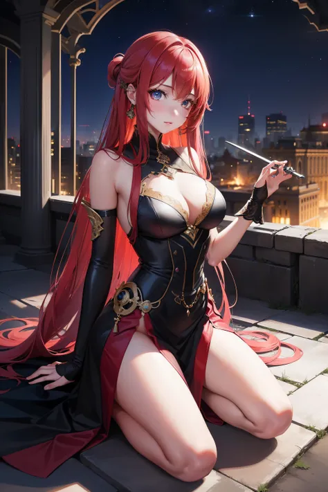 beautiful teenage girl，Red long-haired，Worn evening dress，Kneel among the ruins of the city，火焰，Machinary，Iron and steel，the night，（tmasterpiece，top Quority，best qualtiy，offcial art，Beauty and aesthetics：1.2），（1girl），Extremely detailed，（s fractal art：1.3），e...