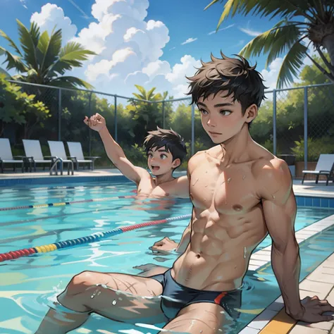 Two boys swimming together，swimmingpool