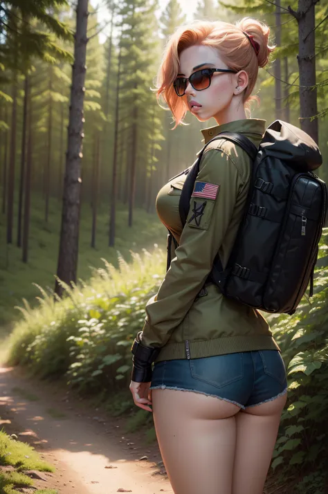 High quality photography in the style of hyper-realistic anime, Scarlett Johansson is sexy and seductive in military style, Sunglasses, Backpack on the back, Alone in the middle of the forest, in full height, Sunny day