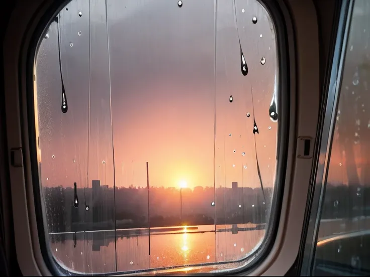 outside the window of the rear seat，raindrops fall on the glass，sunset in the distance outside，late afternoon，the light outside ...