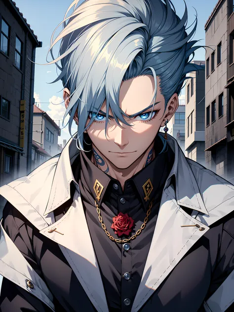 1boy, villain anime boy, anime illustration, dark blue eyes , serious face with a smirk, white and blue hair mix, dark blue eyes, rose tattoo on his neck, earrings, wearing royalty school uniform, his in the neighborhood, good composure, looking at viewer,...