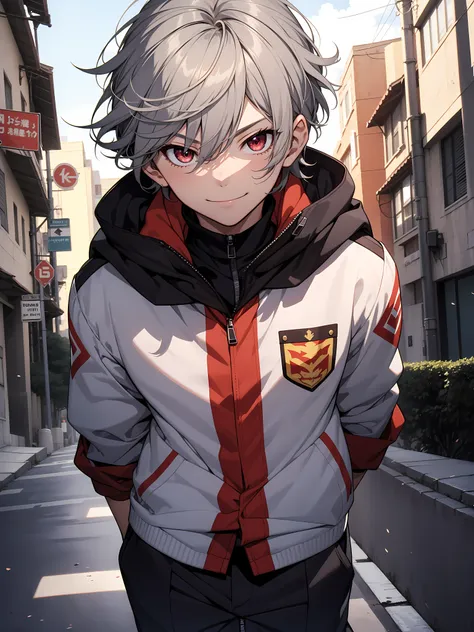 1boy, anime boy, smiling face focus, beautiful accurate dark red eyes, short silver hair, body is well proportioned, wearing highschool uniform, his in the neighbohood, good composure, looking at viewer, high resolution, ultrasharp, 8k, masterpiece