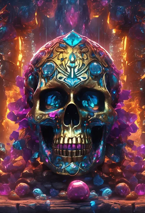 (Colorful magic), (Grim), Magical skulls among gemstones, Focus on the ring ,(Intricate details), (ultra - detailed), 16K HD, high detal, A lot of detail, High quality, Soft cinematic light, Dramatic atmosphere, Atmospheric perspective