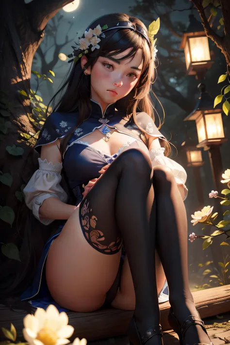 Depicts a woman sitting in a tree，Lots of details、Beautiful and delicate、More complex、intense contrast，Digital illustration，Small fresh style，Under bright moonlight，Make you feel clean air。Artists can learn from Rossdraws、Mandy Jurgens、Artgerms painting st...