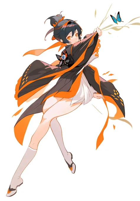 Anime girl in black and orange dress holding butterfly, Ayaka Genshin impact, zerochan art, inspired by Otake Chikuha, made with anime painter studio, Onmyoji detailed art, onmyoji, zerochan, inspired by Jin Homura, Pixiv style, pixiv contest winner, inspi...