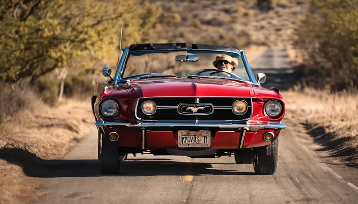 automotive photography、Mustang Convertible、Red color car、American man in cowboy hat、45 yers old、Hoarded beard、Country roads、Shining sunshine