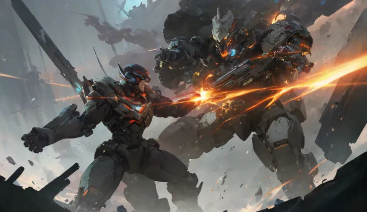 There are two people fighting a giant robot, blizzard game concept art, Epic sci-fi battles, epic fantasy sci fi illustration, author：Jeremy Chang, High quality digital concept art, craig mullins nekro, doom eternal concept art, Riot game concept art, sci-...