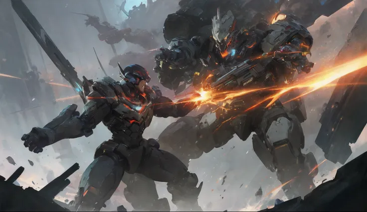 There are two people fighting a giant robot, blizzard game concept art, Epic sci-fi battles, epic fantasy sci fi illustration, author：Jeremy Chang, High quality digital concept art, craig mullins nekro, doom eternal concept art, Riot game concept art, sci-...