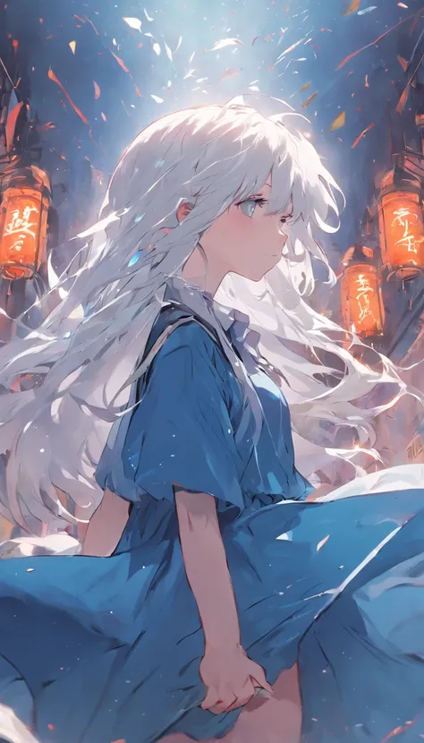 White hair wearing blue dress girl