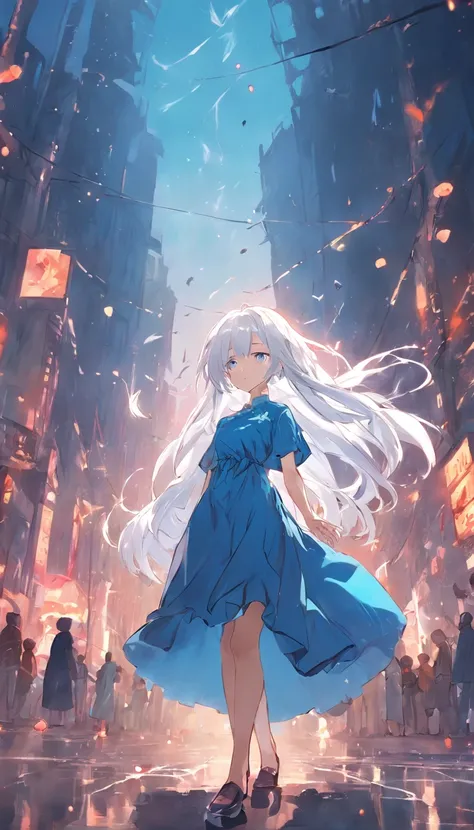 White hair wearing blue dress girl