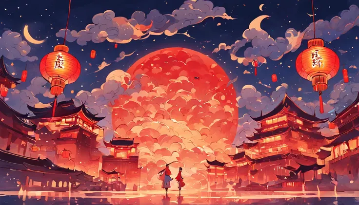 Mid-Autumn Festival，Moon cake， Auspicious clouds, Red lanterns, Exquisite ancient Chinese architecture, In the background is a huge moon, With vector line illustration, amarelo、Red and dark blue tones, Abstract picture, surrealism, Clear background trends,...