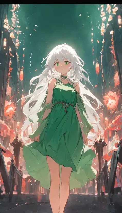 White hair wearing green dress girl