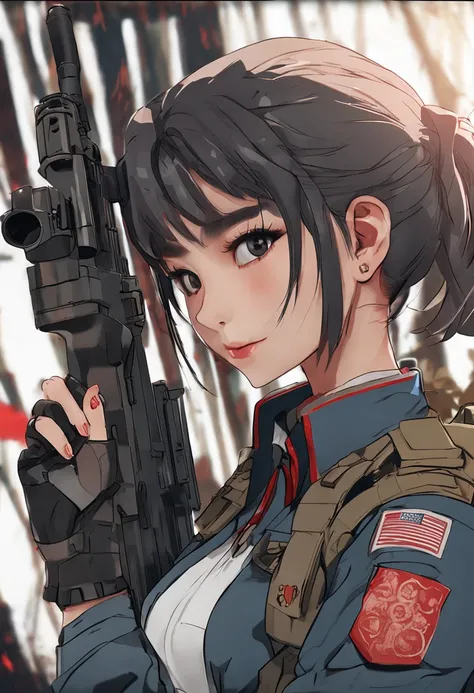 A beautiful Chinese girl wearing a JK combat uniform holding a sniper rifle，One headshot and knocked out a heavily armed enemy