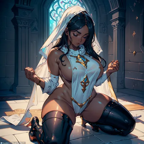 (high resolution, The pixels are perfect, luxurious illustration), (hyper qualit, Masterpiece, Ethereal: 1.4), (((naked tabard:1.4)))，(((solo:1.4))),nun,(((kneeling)))，in  white church，(((praying)))，own hands clasped， ((Carmelto))，mature female，Black areol...