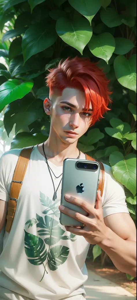 Boy with Phone futuristic leaf background realistic face, Red Hair ultra high quality HD