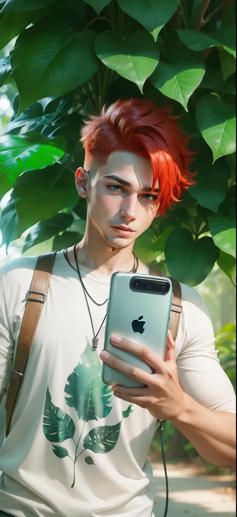 Boy with Phone futuristic leaf background realistic face, Red Hair ultra high quality HD