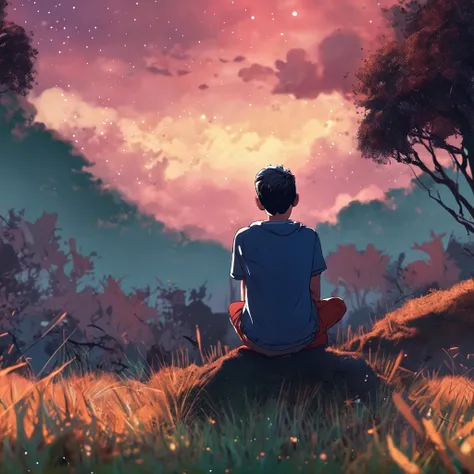 A boy under the stars Sitting on the grass with his back No face Looking at the universe The sky is full of stars Short hair Blue casual clothes Characters account for less than a quarter