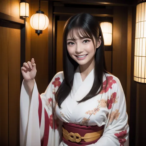 kimono、hightquality、realisitic、Beautiful face、tits out、length hair、A dark-haired、big eye、ssmile、Beautiful fingers、White teeth、traditional Japanese room。