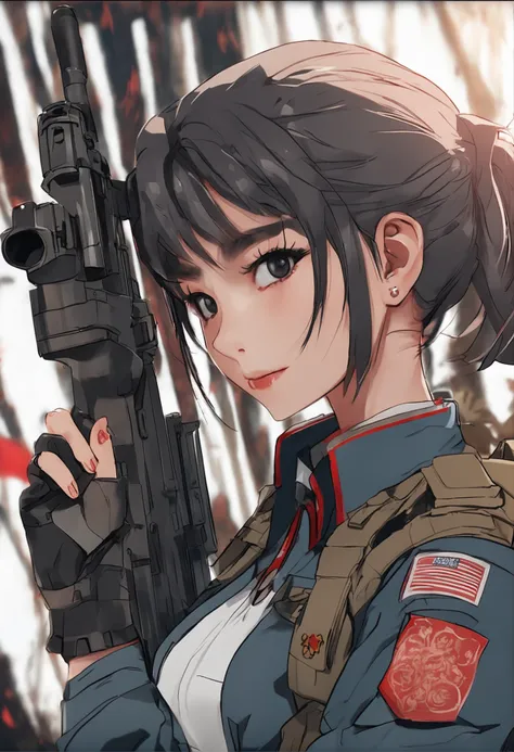 A beautiful Chinese girl wearing a JK combat uniform holding a sniper rifle，One headshot and knocked out a heavily armed enemy