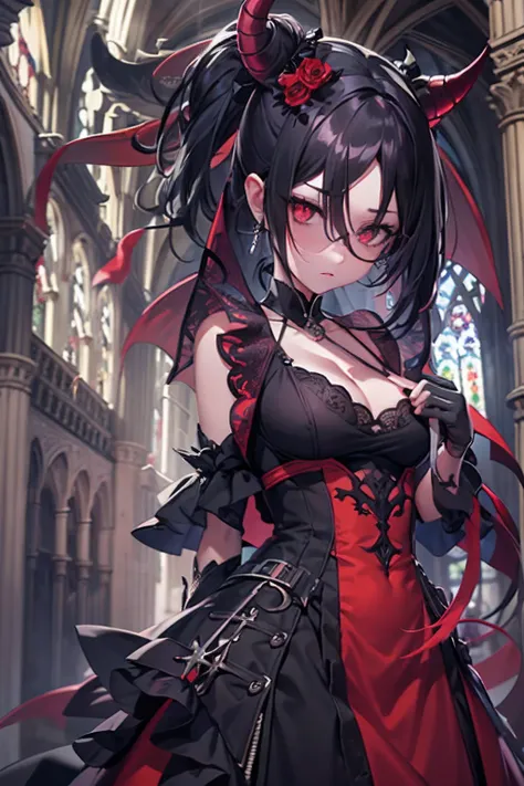 1 girl, demon girl, solo, black hair, short straight hair, gloves, bun updo, side bangs, long horns, ultra detailed red and black eyes, slit_pupils, gothic dress, sleeveless gothic dress, light gothic dress, skirtless gothic dress, ruined gothic cathedral ...