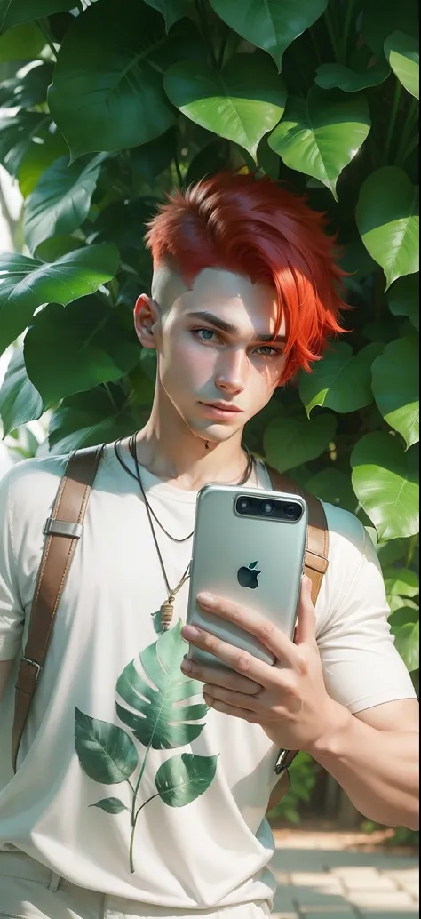 Boy with Phone futuristic leaf background realistic face, Red Hair ultra high quality HD