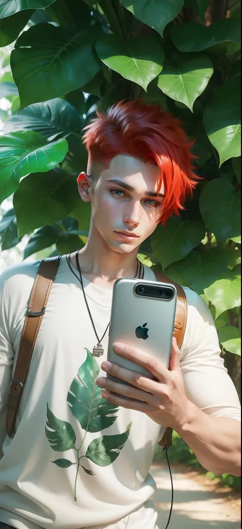 Boy with Phone futuristic leaf background realistic face, Red Hair ultra high quality HD