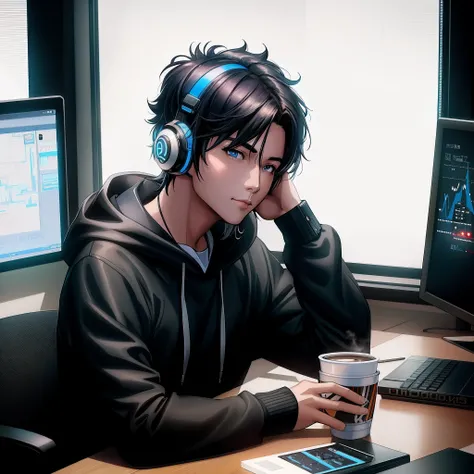 there is a man sitting at a desk with a cup of coffee, artwork in the style of guweiz, cyberpunk anime girl in hoodie, ross tran 8 k, young anime man, male anime style, digital anime illustration, realistic artstyle, male ulzzang, in cyberpunk style, high ...