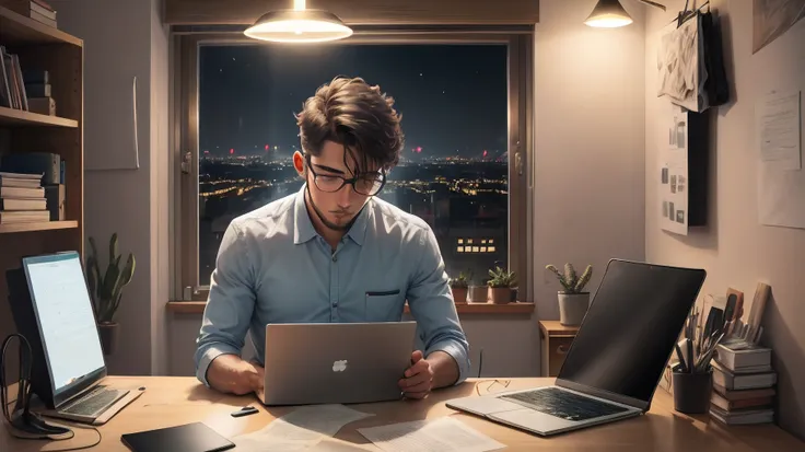 MAN WORKING ON LAPTOP IN HIS ROOM At night.