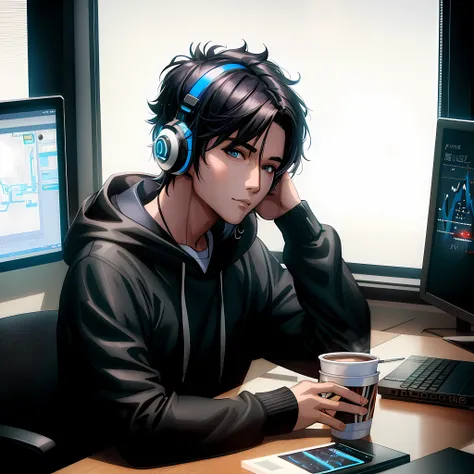 there is a man sitting at a desk with a cup of coffee, artwork in the style of guweiz, cyberpunk anime girl in hoodie, ross tran 8 k, young anime man, male anime style, digital anime illustration, realistic artstyle, male ulzzang, in cyberpunk style, high ...